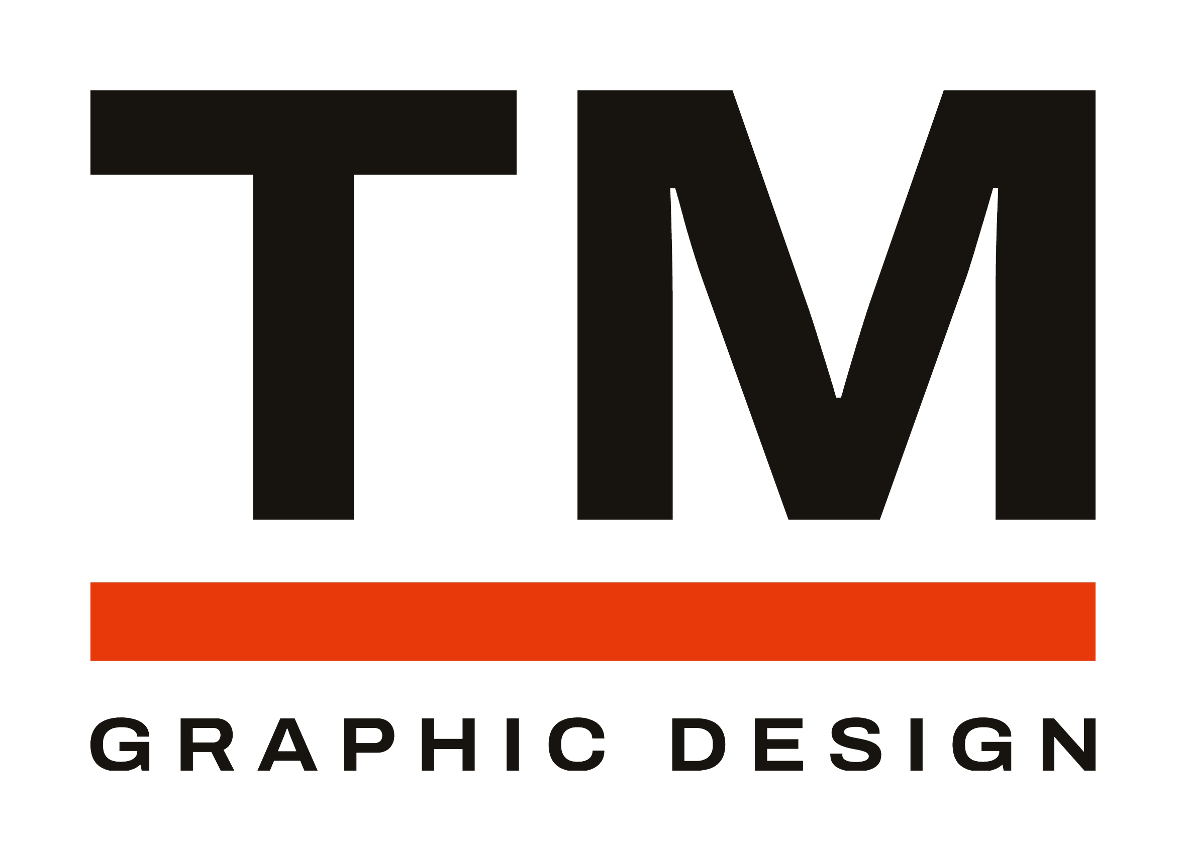 The Tom Mackellar logo: a TM monogram in dark ink, a vermilion horizontal rule beneath it, and the words GRAPHIC DESIGN set below the rule.