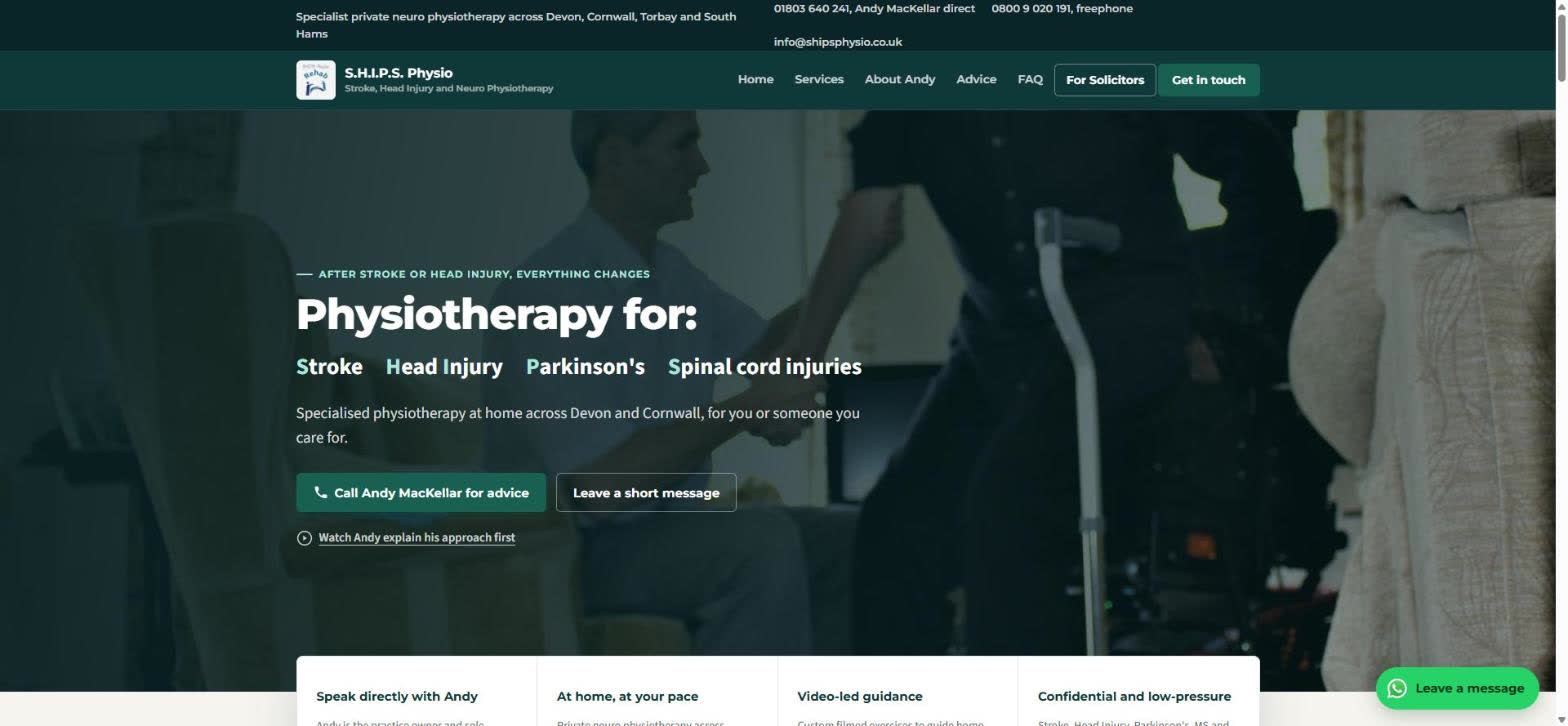 The redesigned homepage: a photograph of a physiotherapist working with a patient fills the screen behind a deep green overlay, carrying the heading 'Physiotherapy for: Stroke, Head Injury, Parkinson's, Spinal cord injuries', two buttons, and the practice phone numbers along the top.