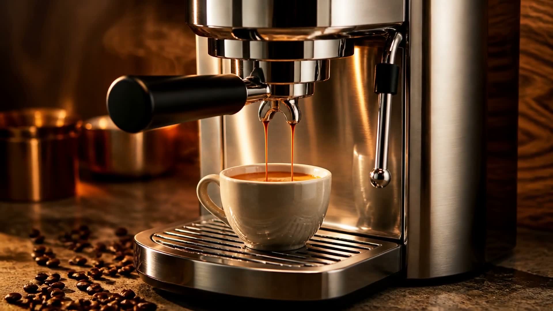 A frame from Rodgers: an espresso machine pulling a shot into a cream cup, in warm low light with roasted beans scattered on the counter.