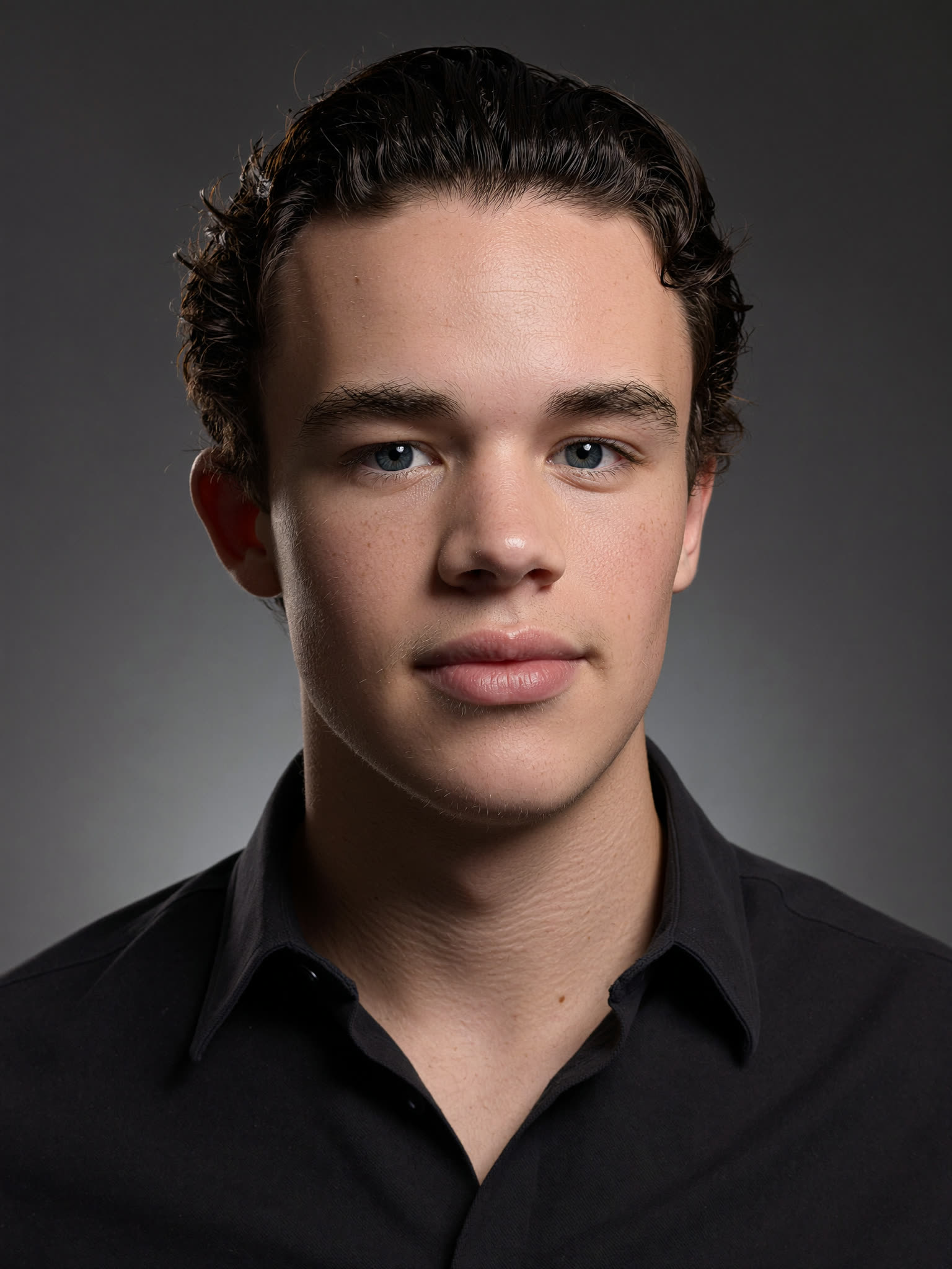 Tom Mackellar, photographed in a studio against a neutral grey background under soft light.